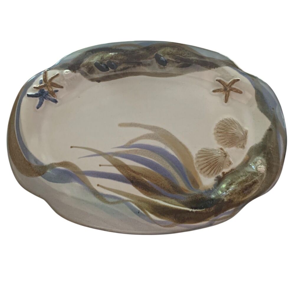 Handmade Ocean Pottery Decoartive Platter Seashells Starfish Mussells Signed